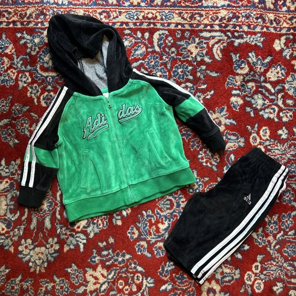 BABY ADIDAS VELOUR TRACK SUIT TWO PIECES 6 MONTHS BLACK AND GREEN Y2K